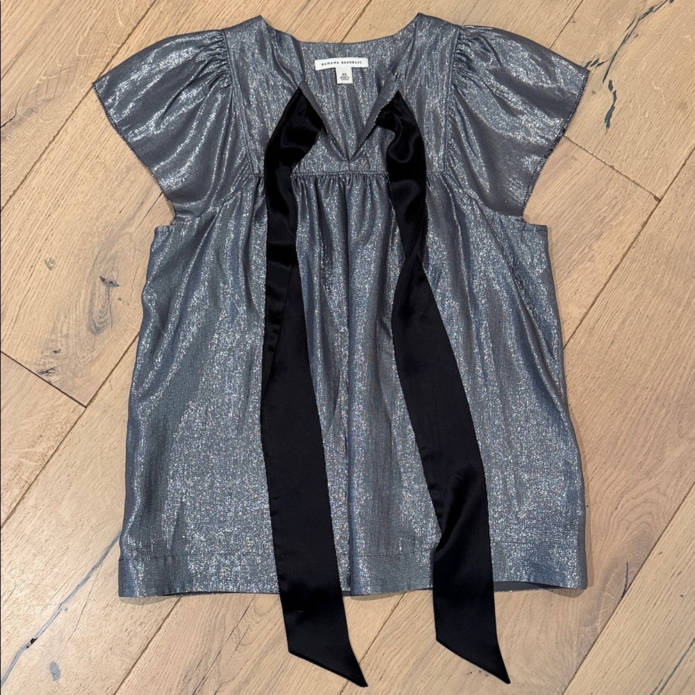 Banana Republic Shimmering Silver Blouse with Black Tie